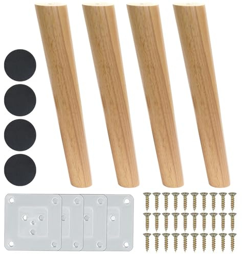 Luabue 4 Pezzi Piedini Mobili Gambe di Ricambio 30cm Piedini per Mobili in legno massello Gambe Oblique Legno per Mobili con Piastra di Montaggio, Viti e Pad Antiscivolo per Divano Letto Tavolo Sedie