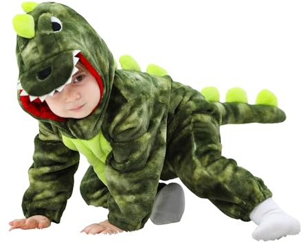 LOLANTA Costume da Dinosauro per Bambino Unisex, Costume da Animale con Cappuccio per Bambino, Tuta Sindacale in Flanella, Tinta Verde, 18-24 mesi