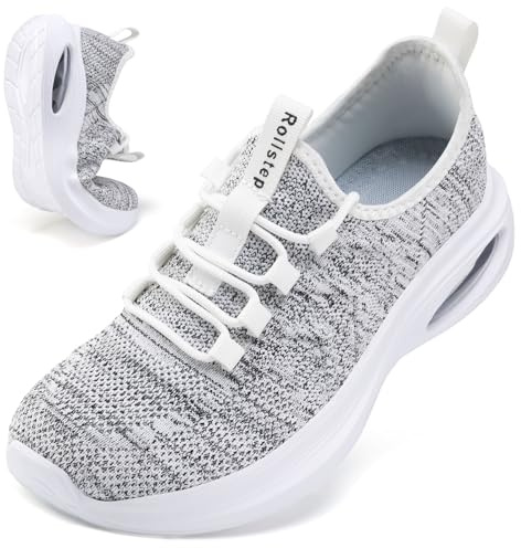 Rollstep Wide Toe Box Shoes Women Extra Wide Width Sneakers Diabetic Air Cushion Road Running Shoes Ultra Light Wide Tennis Sneakers Gym Training Breathable Walking Shoes Light Gray White 39