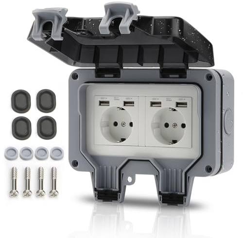 Idota Aussensteckdose IP66 Wasserdicht 2 Fach Steckdose Aussenbereich mit USB-Anschlüsse Wandsteckdose Gartensteckdose mit Klappdeckel für Drinnen und Draußen