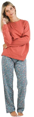 TRAMAS+ Pigiama Donna Cotone Leggero, Pigiama Donna con Maglietta Manica Lunga e Pantalone Lungo, Pigiami da Donna - L, Campiña Teja