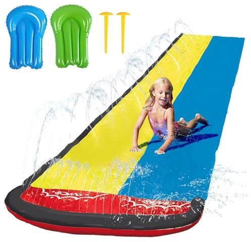 Dhqkqg Water Slide, 15 ft Slip and Slide with 2 Surfboard, Double Lane Inflatable Water Slides for Kids with Sprinkler, Lawn Waterslides Water Toys for Kids Adults Outdoor Water Play Activities