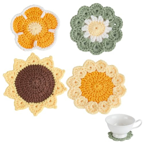 AHANDMAKER 4 st 4 stilar virkade underlägg, handgjorda roliga blomkoppunderlägg flerfärgad bomull underlägg för soffbord bordsskydd heminredning, 12 cm
