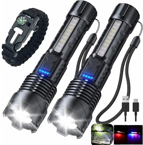 Pack 2 Linternas LED Alta Potencia Recargables USB – Linterna Táctica con 7 Modos, Luz Lateral COB, Enfoque Ajustable, Impermeable IPX6 + Pulsera Paracord – Para Emergencias, Camping, Coche, Caza