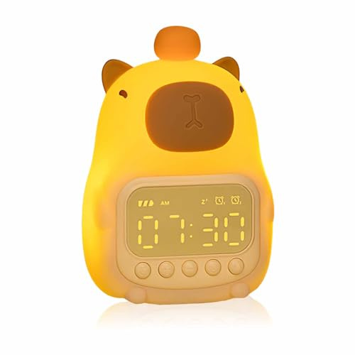 AVEKI Capybara Wecker, Silikon Wecker Analog, Aufladbar Klein Nachtlicht Mit Dimmerfunktion Timing-Funktion, Lauter Weckers für Tiefschläfer, Geeignet für Schlafzimmer, Büro (Gelb)