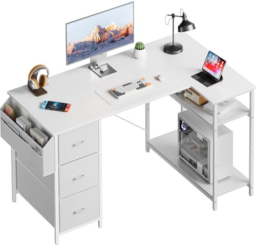 SOLAVERO Bureau d'angle avec Rangement, 120 x 78 cm Bureau en L avec 3 Tiroirs, Table Gaming avec Sac de Rangement, Table Ordinateur avec Étagères Réglable, pour Bureaux et Postes de Travail, Blanc
