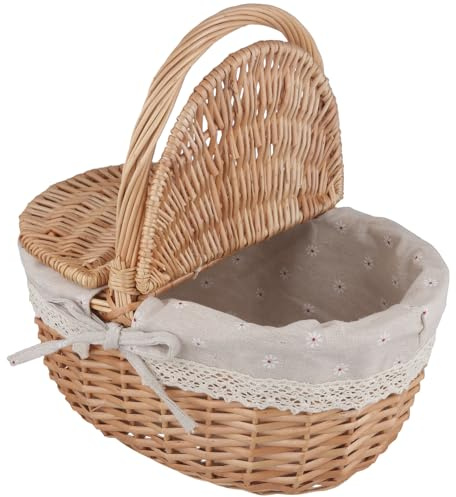 CHEUKYIU Panier à provisions en osier tressé à la main, avec couvercle, 34 x 23 x 17 cm, marron naturel, avec bordure en dentelle et poignée, pour pique-nique de courses