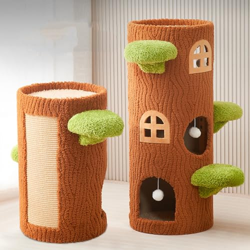 Cat Tree Tower 14.1in Multi-Level Cat House with 2 Enclosed Cat Beds Sisal Scratching Posts Top Perch Hanging Ball Toy for Indoor Cats & Kittens Barrel Shaped Small Cat Tree for Indoor Cats (Small)