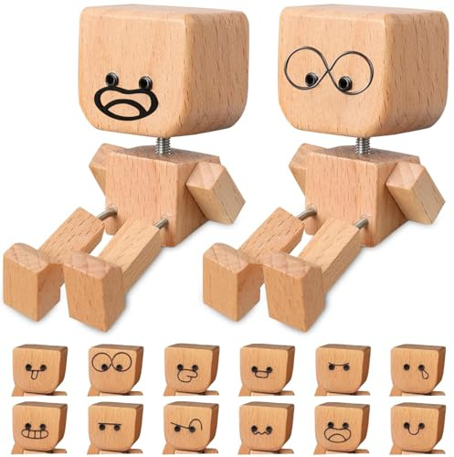 2 figuras de madera que se tambalean, figura de madera pequeña, encantadora figura de madera, adorno para coche, figura de madera con patas oscilantes, figura de hombre de madera con 24 expresiones