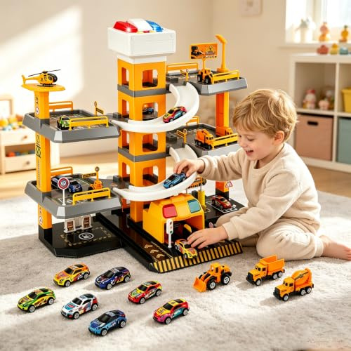 Garaje de aparcamiento de 5 pisos para niños, juego de juegos con música y efectos de luz, con 14 coches de juguete y 1 helicóptero, garaje con ascensor, regalos para niños y niñas (tema del proyecto)
