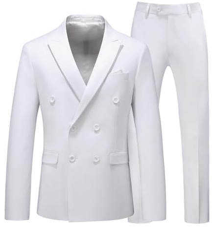 MOGU Mens 2 Piece Suit Slim Fit Double Breasted Blazer and Pants Solid Color Prom Tuxedo, White, 38