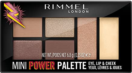 Rimmel London, Mini Power Palette 3 in 1 con Ombretti per Occhi ed Illuminanti Viso e Labbra, 001 Fearless