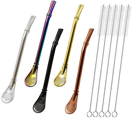 Yerba Mate Bombilla, 5 Pièces Cuillère à Paille en Acier Inoxydable, 5 brosses de nettoyage, Cuillère à Filtre réutilisable, Beau cadeau pour vos amis et votre famille(5 couleurs)