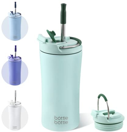 BOTTLE BOTTLE Insulated Travel Mug with Straw and Dual-use Lid Thermal Metal Coffee Cup 350ML(12oz) Stainless Steel Coffee Flask Tumbler with Handle Kids Water Bottles(Green)