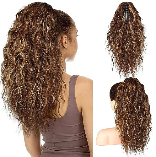 PORSMEER 18 pouces Extension de cheveux en queue de cheval Griffe Longue Multi Couches Cheveux Fluffy Épais Ondulé Curly Clip dans les cheveux Postiche synthétique doux naturel (Marron/Blond)