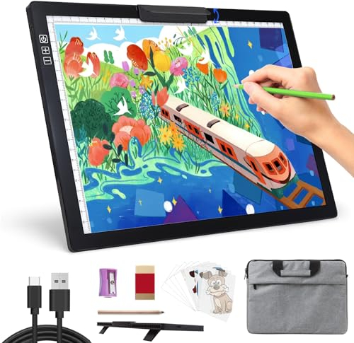 Boîte Lumineuse A4 pour Traçage - Tableau Rechargeable Avec Sac de Transport, Intensité Variable à 6 Niveaux, Tablette Portable Alimentée par Piles