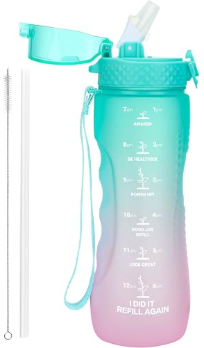 OLDLEY 750ml/25oz Water Bottles with Straw BPA Free Tritan Water Bottles for Gym School Sports Travel Leakproof Time Markings Drink Bottles Hydrate for Adult Kids Women Men(Green Pink)