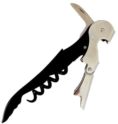 Fackelmann Cavatappi a 2 tempi, cavatappi a doppia cerniera, cavatappi da cameriere con tagliacapsule, in acciaio inox, adatto per lavastoviglie, colore nero, 12 cm, 1 pz.