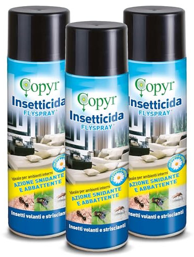 Copyr FlySpray - Insetticida Antizanzare Mosche Ragni Scarafaggi Formiche e Altri Insetti Striscianti e Volanti, 500ml x 3 Pz, Aracnicida Abbattente Snidante con Piretro, Uso Domestico