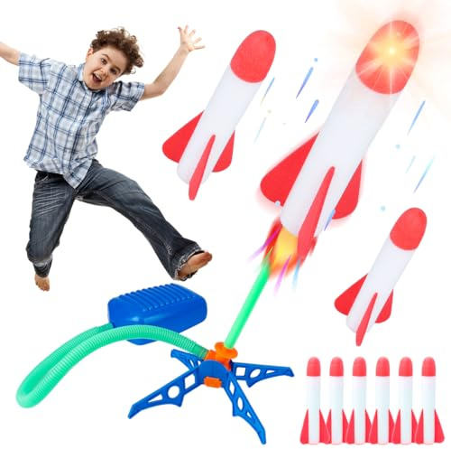 Friedwohl 6 piezas de espuma de cohete lanzador de juguete, para niños de 3 a 7 años, accionamiento de aire comprimido, juguete al aire libre, juego de jardín para niños y niñas