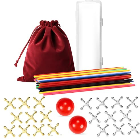 VVSBPL Classic Pick Up Sticks and Jacks Game with Ball Set, Includes Red Rubber Balls, Gold and Silver Metal Jax, Colorful Pick Up Sticks, Storage Box and Bag, Fun Retro Game for Kids Adults Family