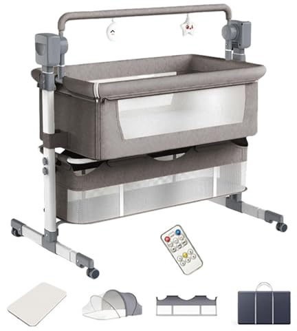 Dziranam Beistellbett Baby, Stubenwagen Baby mit Rollen, Atmungsaktives Netzgewebe, Sicheres und Stabiles Design, Babybett mit 5 Schaukelmodi(Hellgrau)