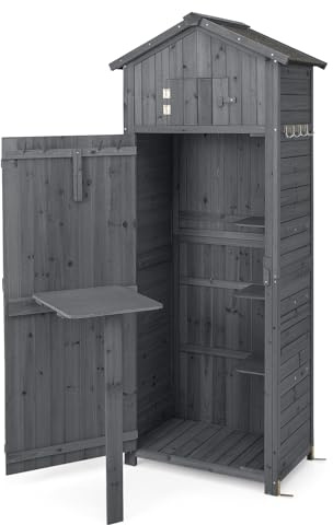 RELAX4LIFE Armadio da Esterno in Legno Massello Verniciato Grigio – Doppia Porta + Tavolino Pieghevole – Tetto in Asfalto Antipioggia – 65x42x180,5 cm – per Giardino, Patio e Cortile