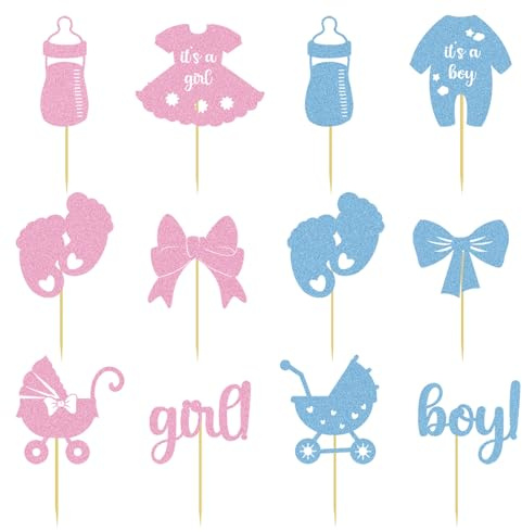 24 pezzi di decorazioni per cupcake per rivelare il sesso del bambino, decorazioni per cupcake per rivelare il sesso del bambino con glitter, bottiglie di carta, fiocchi, body, pantaloni, vestiti