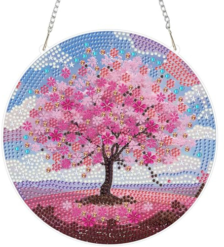 NEWENMO 5D Cherry Blossom Tree Diamond Painting Hanging Pendant Ornament | DIY Special Shape Crystal Gem Pendant Craft Landscape,Diamond Painting,Diamond Art,Decoration for Window,Garden,Wall,Home