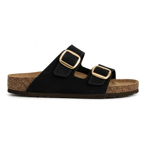 Le Côté Chic | Sandalias Mujer Verano Planas | Doble Hebilla Ajustable Dorada | Suela de Corcho Memory Foam | Piel Sintética Muy Cómodas Camel Mules Sandalia Planas Pala Tipo Birkenstock Cómodas Mujer