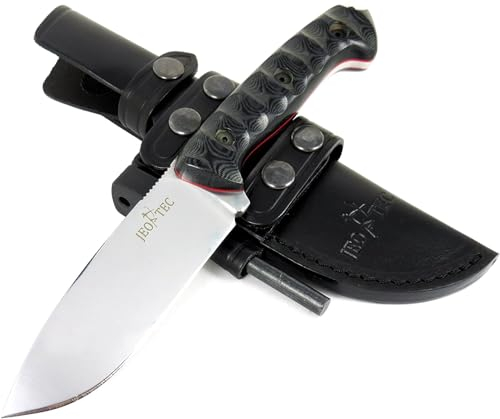 JEO-TEC Nº31 Full Tang Outdoor Camping Gürtelmesser Jagdmesser Überlebensmesser Survival Bushcraft Messer, 11,5 cm Klinge Stahl MOVA, Lederscheide + Feuerstahl