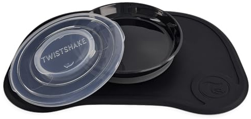 Twistshake Click-Mat + Platte | Anti-Rutsch-Geschirrset für Babys | Babyteller + Baby-Tischset (38x25) | BPA-freier Baby-Entwöhnungsteller | Essenstrainingsplatte für Kinder ab 6 Monaten | Schwarz