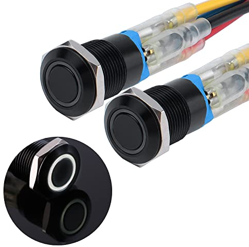 JIQI 2 × 12 mm Interruttore a pulsante a scatto da 12V a 24V 2A Interruttore a pulsante in metallo nero a scatto impermeabile Interruttore ON/OFF a scatto illuminato a LED con IP66 1NO (bianco)