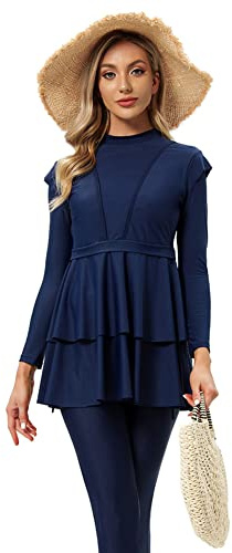 OBEEII Costume da bagno musulmano da donna, 3 pezzi, tinta unita, a maniche lunghe, hijab arabico islamico, burkini, taglie S-4XL, blau, XL