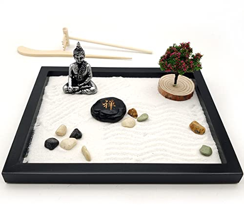 LuXianYS Zen Sand Meditations-Ornamente,Japanese Zen Garden for Desk, Zen Garten Zubehör, Mini Meditation Rock und Sand Garden Holzsockel