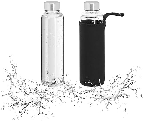 Relaxdays Trinkflasche, 2er Set, 500 ml, auslaufsicher, Glasflasche mit Hülle, HxD: ca. 23,5x6,5 cm, transparent/schwarz
