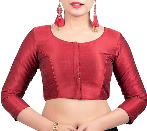 Fashnkart Indian Bollywood Dupion Silk Saree Blouse Party Wear Readymade Sari Blouse for Women Round Neck Front Open Maroon