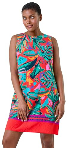 Roman Originals Sleeveless Shift Dress for Women UK Ladies Stretchy Summer Holiday Cruise Beach Casual Going Out Garden Party Lightweight Round Neck Comfortable Day - Red Multi - Size 12