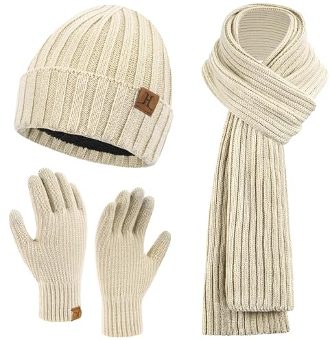 ZASFOU Uomo Cappello Invernale Sciarpa Guanti Touch Screen Set Caldo Pile Foderati in Maglia Berretto Cappelli Sciarpe lunghe Guanto Regalo per Uomo