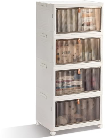 BTGGG 4 Tier Aufbewahrungsbox mit Deckel, 20L*4 Kunstoffboxen Aufbewahrungsboxen Stapelbar Plastikboxen Klappbox mit Deckel, Faltbare Aufbewahrungsbehälter Aufbewahrungsboxen mit Türen und Rollen