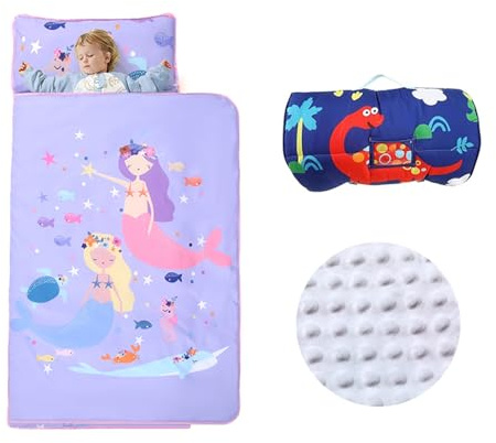 Sac de Couchage Chaud pour Enfants avec Oreiller Amovible, Tapis de Sieste Pliable pour Filles et Garçons, Couverture de Sieste avec Double Fermeture Eclair pour Camping (la Fille de la mer)