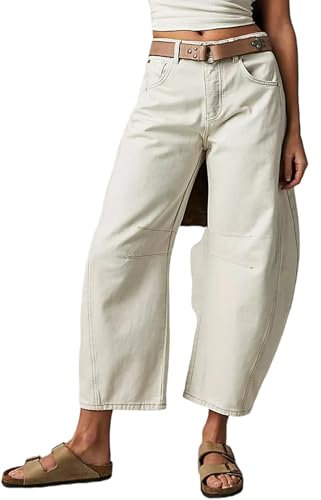duzhengzhou Jean Ballon Court à Jambes Larges et Taille Moyenne for Femme, Pantalon en Jean Vintage Boyfriend Y2k, Streetwear Ample(White,S)