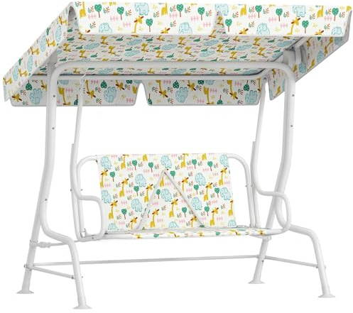 AIYAPLAY Columpio infantil de 2 plazas con toldo ajustable, cinturón de seguridad, columpio de jardín para niños de 3 a 6 años, color blanco, 110 x 74 x 113 cm