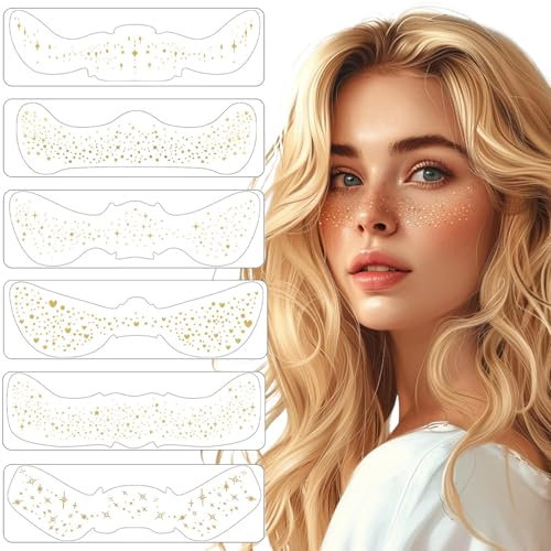 6 Pezzi Lentiggini Pellicola Tatuaggi, Oro con Brillantini per Trucco, Temporanei Sparkle Freckles, Stelle per il Viso, per Feste, Carnevale