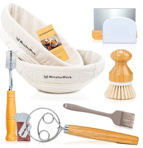 [2 Pieces] Round & Oval Proofing Basket Set Made of 100% Natural Rattan - Proofing Basket Including Linen Cloth, Dough Scraper, Whisk, Baker's Knife, Cleaning Brush & Pastry Brush - Bread Baking Set