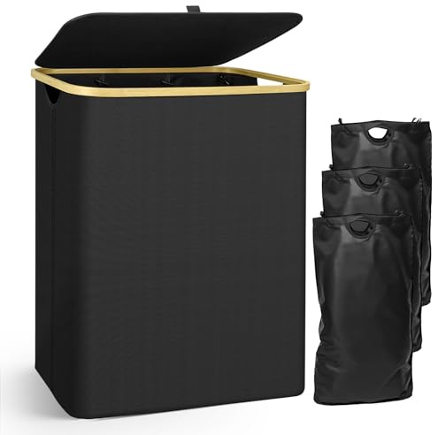 capocica Wäschekorb 160L mit 3 Fächern und Deckel, klappbar und platzsparend, wasserdichte Tragetasche aus Oxford-Stoff, herausnehmbarer Wäschesack, Bambus-Griffe für Wäscheaufbewahrung