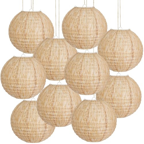 10 Pcs 10-Inch Neutral Boho Paper Lanterns | Rustic Burlap Print Hanging Decor for Wedding, Bridal Baby Shower, Dorm Room, All-Season Home Patio
