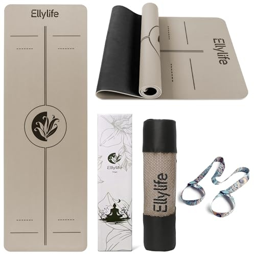 Ellylife Esterilla Yoga Antideslizante con Marcas de Alineación, Caucho Natural y Eco PU Mate, Extra Gruesa Duradera Yoga Mat con Correa para Pilates, Yoga, Ejercicio y Hot Yoga(Beige)