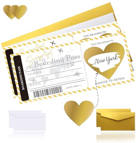 ZPTEE 2 Pcs Boarding Pass Scratch Card Reveal,Personalised Travel Scratch Cards with Double Envelopes & Heart Scratch-Off Stickers, Holiday Reveal & Surprise Trip Gift for Birthday,Anniversary,Couples