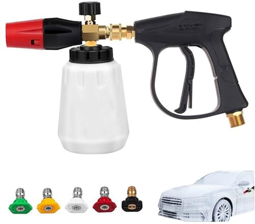 Pistola de lavado a presión, juego de rociador de lavado de autos con pistola de espuma, limpiador a presión de ángulo ajustable con conector rápido de 1/4 de pulgada, cañón de espuma con 5 puntas y